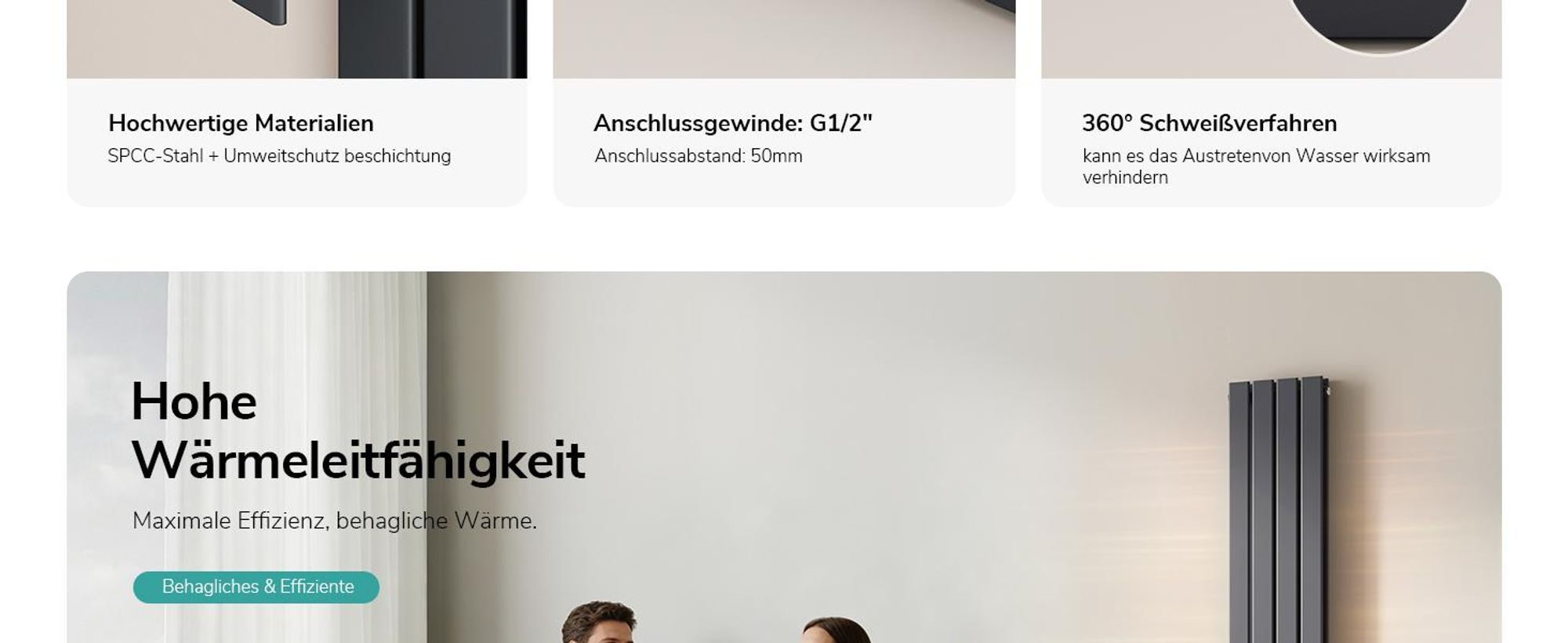 EMKE Heizkörper Flach Designheizkörper Paneelheizkörper Vertikal Doppellagig Mittelanschluss 180x30cm 1082W Anthrazit ohne Heizstab