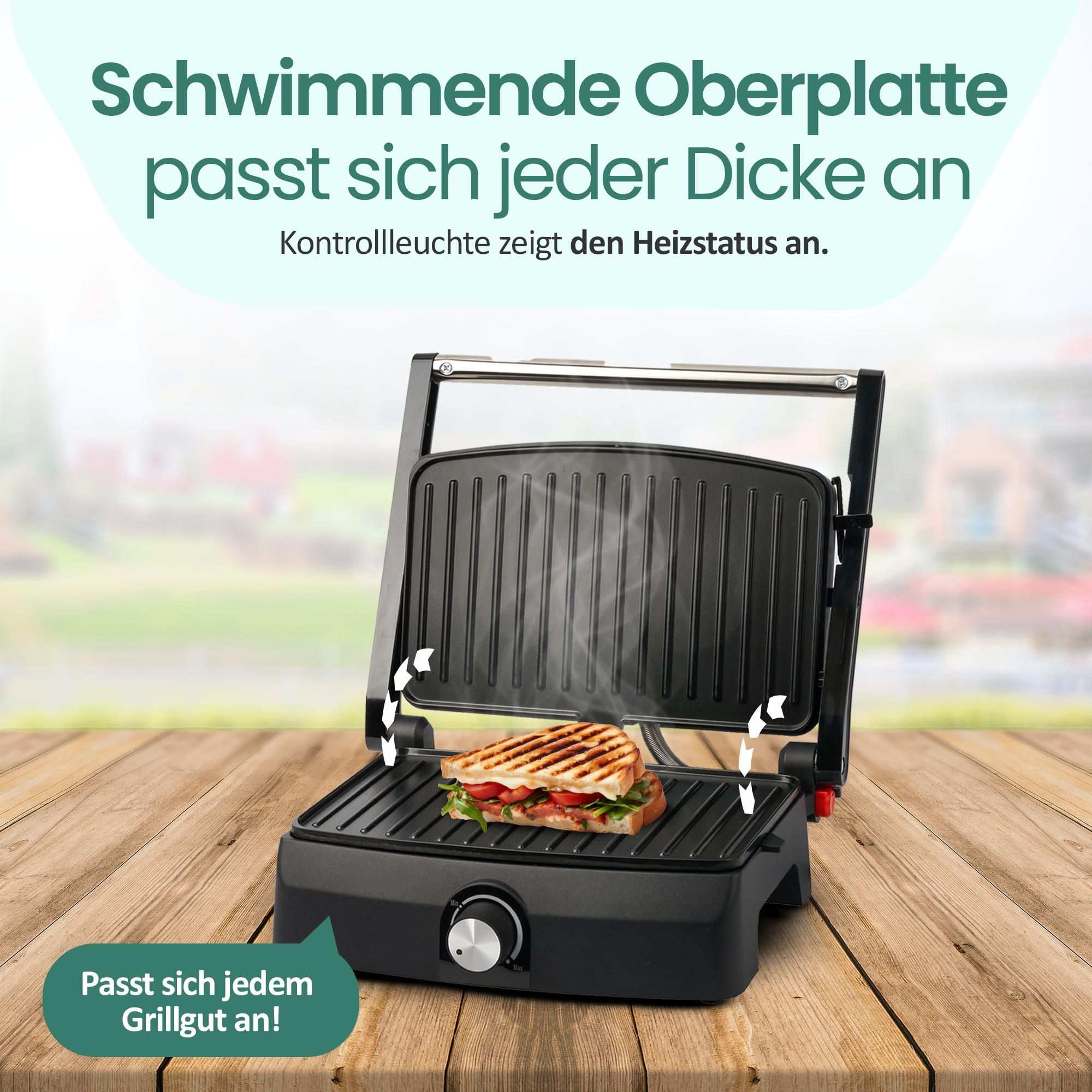 Emerio Kontaktgrill – Sandwichmaker – Grillfläche 23 × 14,5 cm – Panini-Grill – Kontaktgrill CG-130861 – Edelstahl / Schwarz