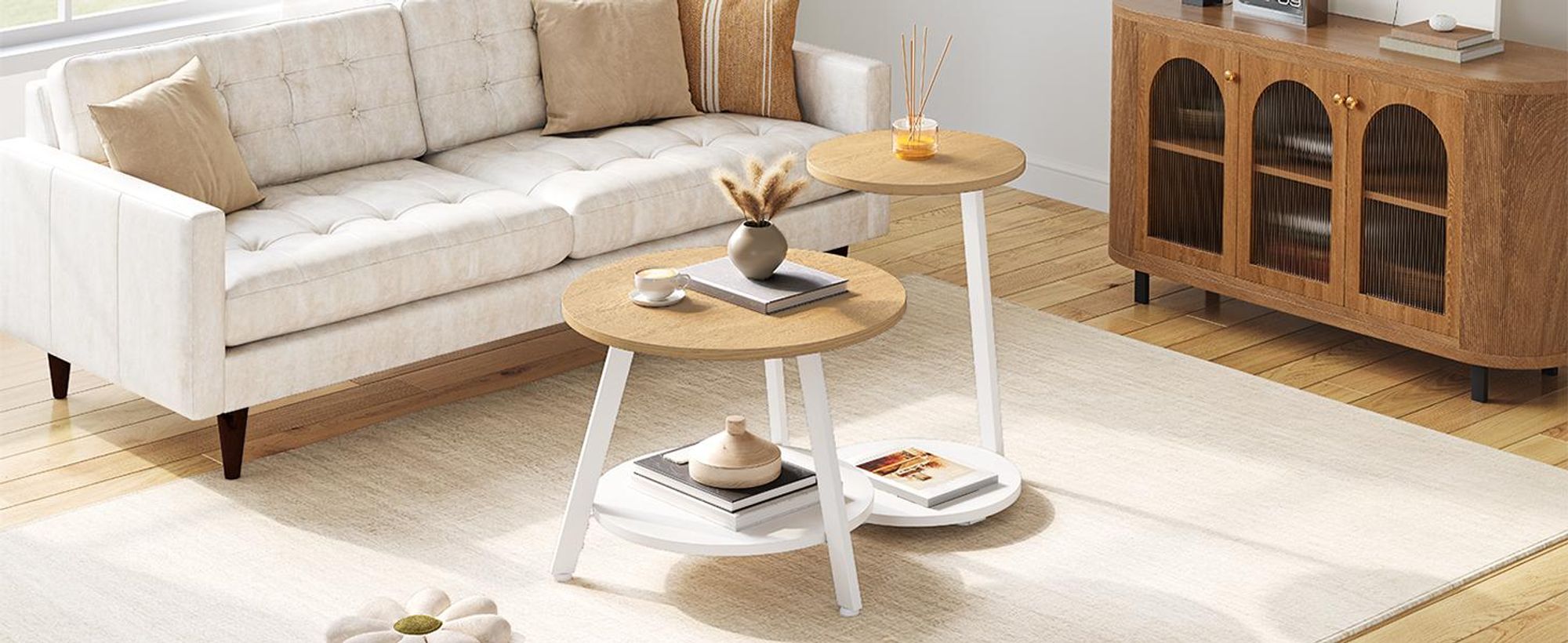Couchtisch 2er-Set Rund, Beistelltisch, Wohnzimmertisch, Sofatisch, Satztisch Metallgestell, 38x38x60,5cm, 58x58x44cm, Weiß