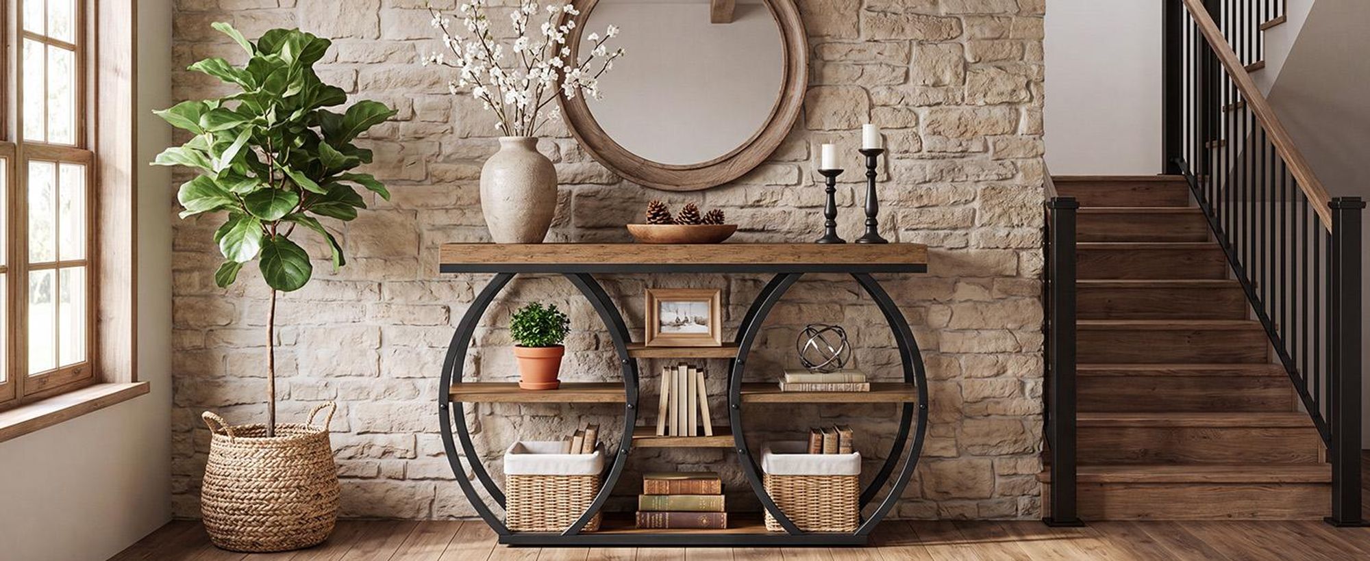Tribesigns console tafel van 120 cm, in landelijke stijl, geschikt voor de entree. Smalle salontafel met 4 niveaus, in industriële stijl, voor woonkamer en hal