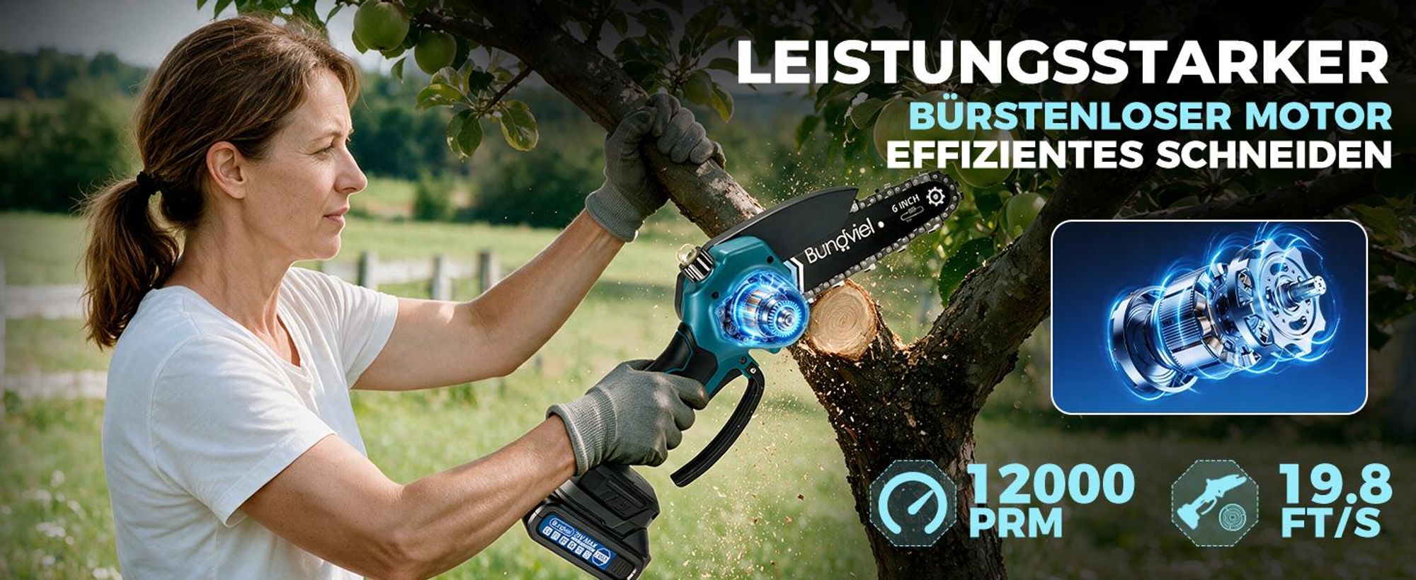 6+8 Zoll Akku-Kettensäge 2x 21V 2000mAh, mini kettensäge mit akku & bürstenlosem Motor,inkl. 2 Akkus, Ladegerät &  Ersatzketten