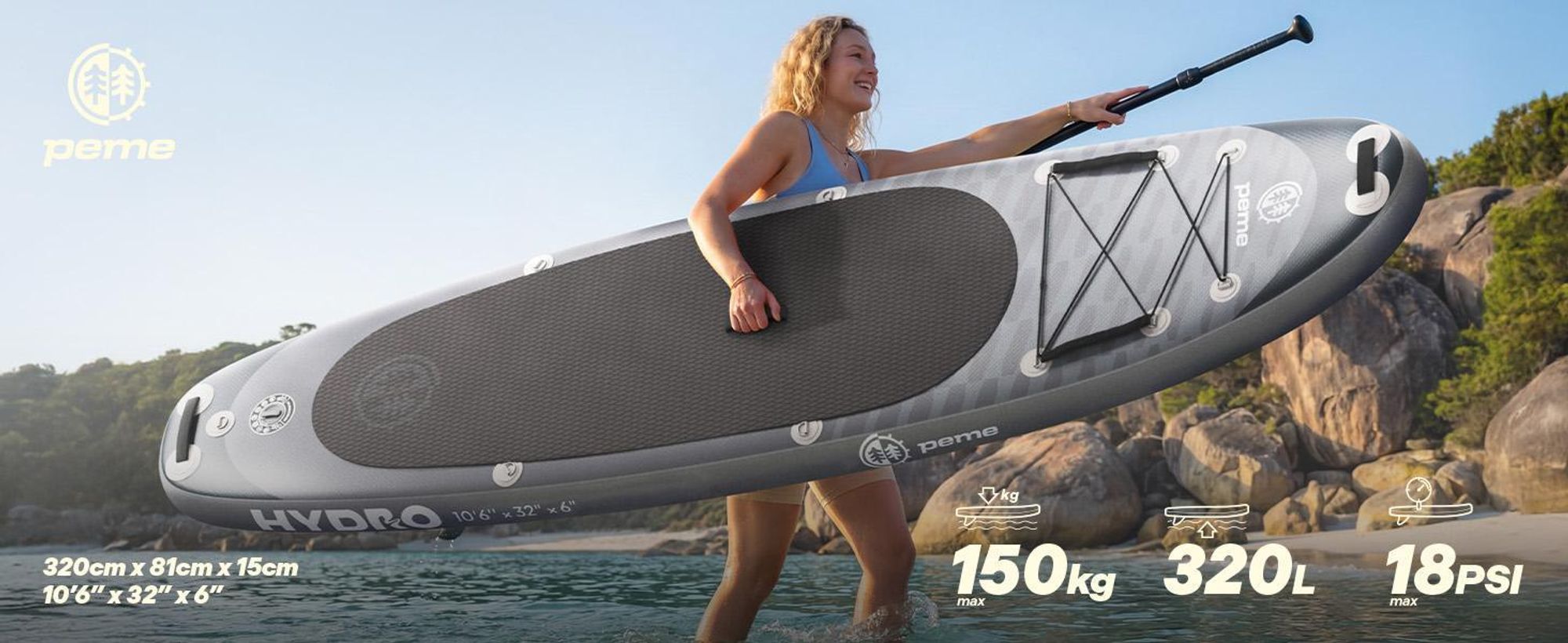 PEME Stand Up Paddle Board – Dark Sky – 350 cm – dvojité pádlo a kompletné príslušenstvo, SUP, nafukovacia surfová doska – sivá a čierna