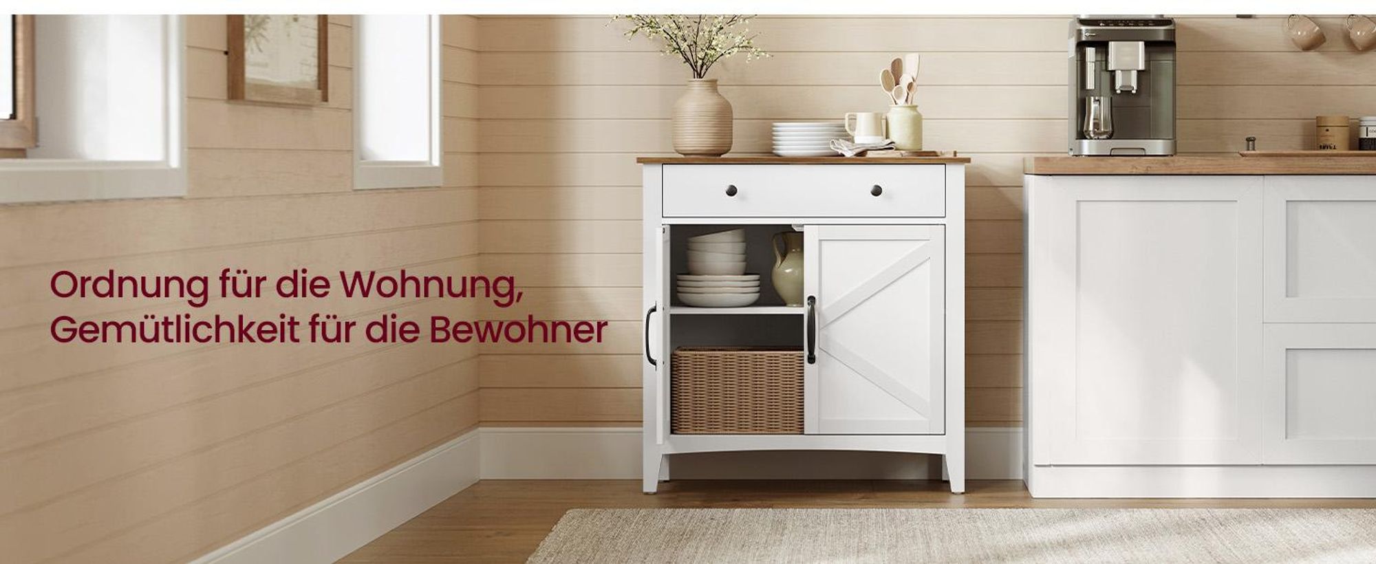 VASAGLE Küchenschrank, Sideboard mit Schubladen, Aufbewahrungsschrank mit Türen, verstellbare Ablage, Landhausstil, für Wohnzimmer Küche, 40x80 x80cm