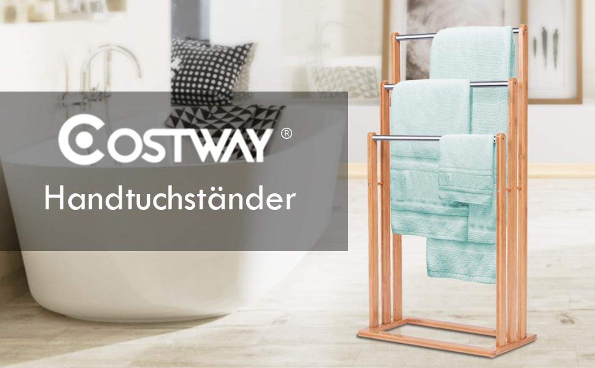 COSTWAY Handtuchhalter stehend, Handtuchständer mit 3 Edelstahl Stangen, Standhandtuchhalter Bambus, Badezimmer Organizer 46x24x82,5cm