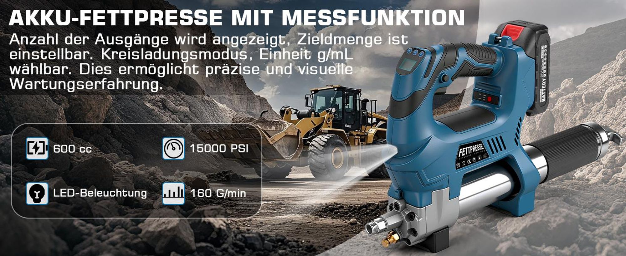 15000PSI Akku Fettpresse mit 2 Akkus, Mengenzähler Zyklische Dosierung LED-Licht, 2 Befüllarten. Schmierpressen Kartuschenpistole Für Lager, Maschinen