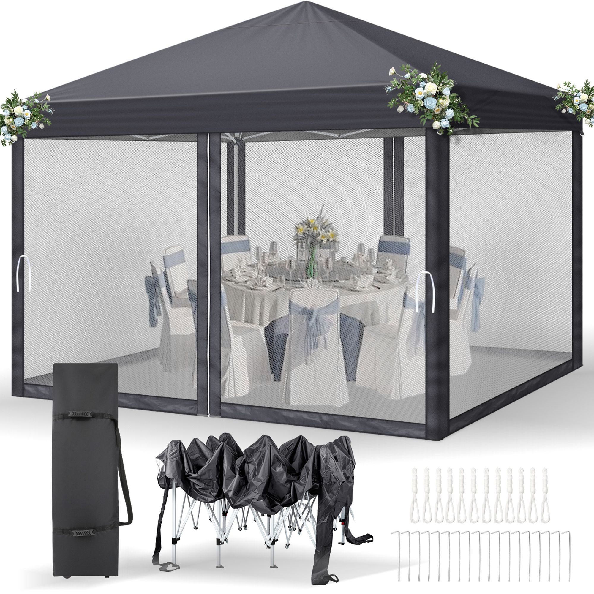 FCH 3x 3m Faltpavillon, Pop Up Pavillon mit 4 Seitenwänden, wasserdicht, UV-Schutz,Gartenpavillon ,grau