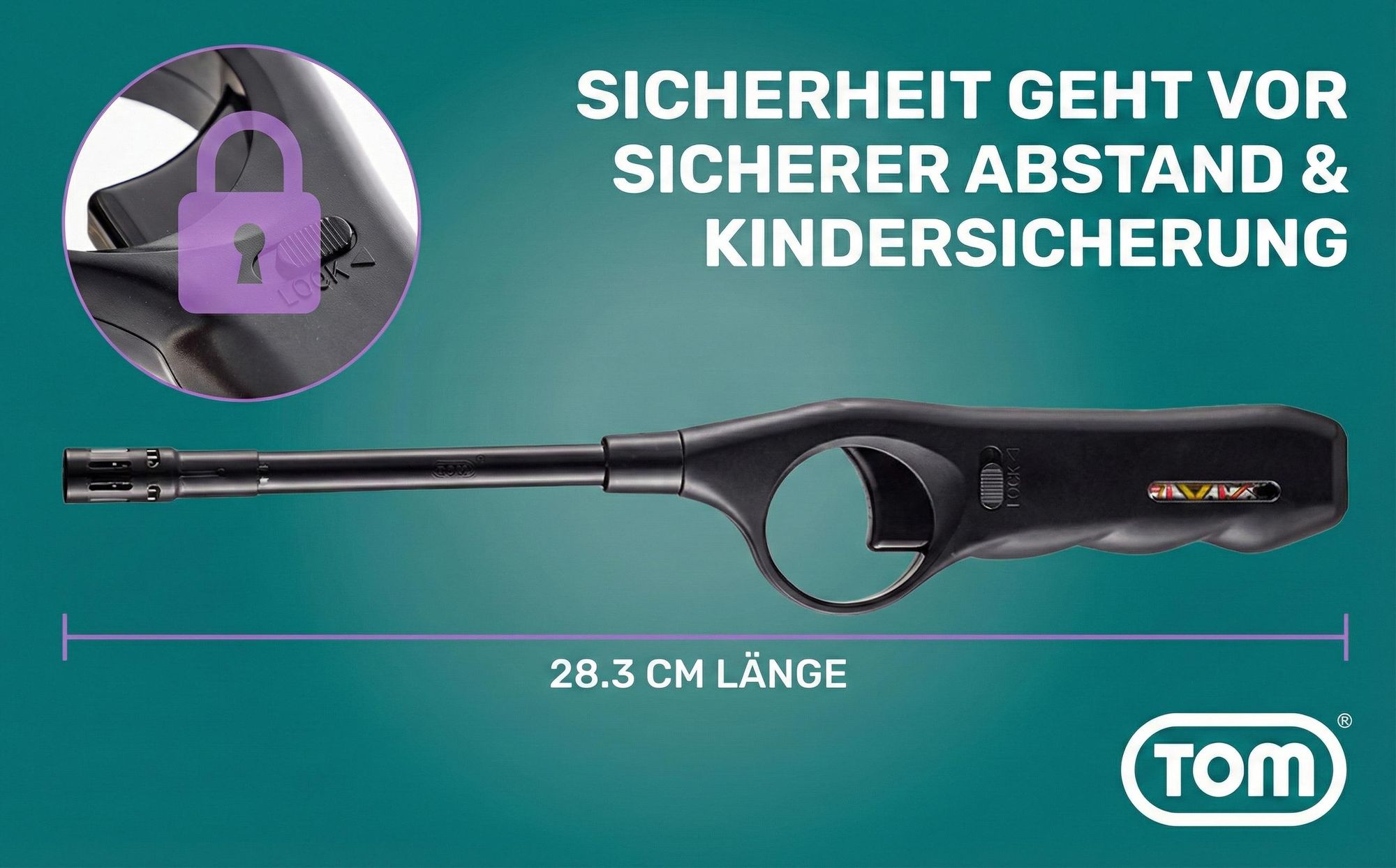TOM Stabfeuerzeug | Sturmfeuerzeug | Jet-Flamme | 4er Set | Nachfüllbar | 28,3cm Stab