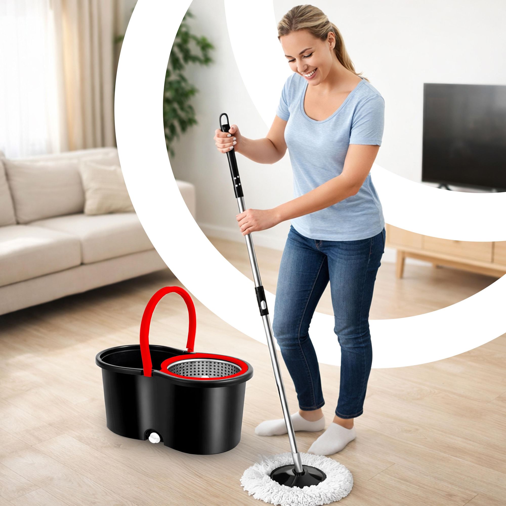 Schleuderwischmopp Set Mit 360° Drehkopf Teleskopstiel Edelstahl Eimer Mit Pedalwringer Schwarz Rot, Retoo