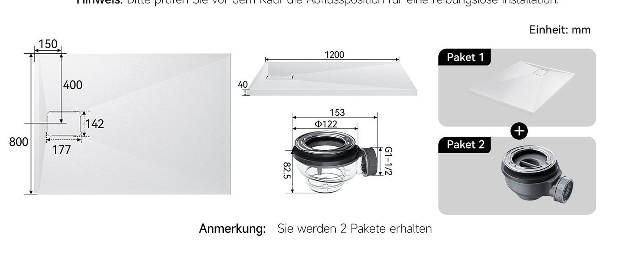 HOROW Rechteckig Duschwanne weiß struktur inkl. Ablassschraube, mit rutschhemmender Oberfläche - 3 Größen - 90 x 80 cm / 100 x 80 cm / 120 x 80 cm
