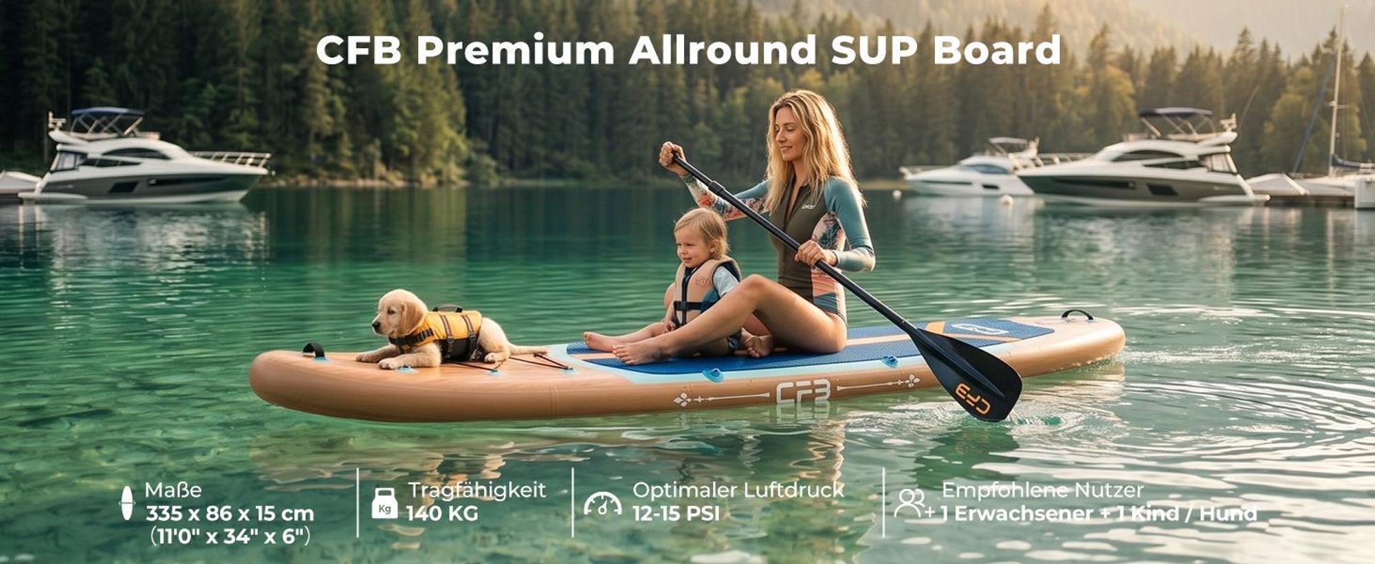 CFB Stand Up Paddle Board 335 mit 86 cm Standfläche, Bis zu 200kg, SUP Board mit Paddel, Pumpe, Rucksack, aufblasbares iSUP Set für Anfänger&Familien