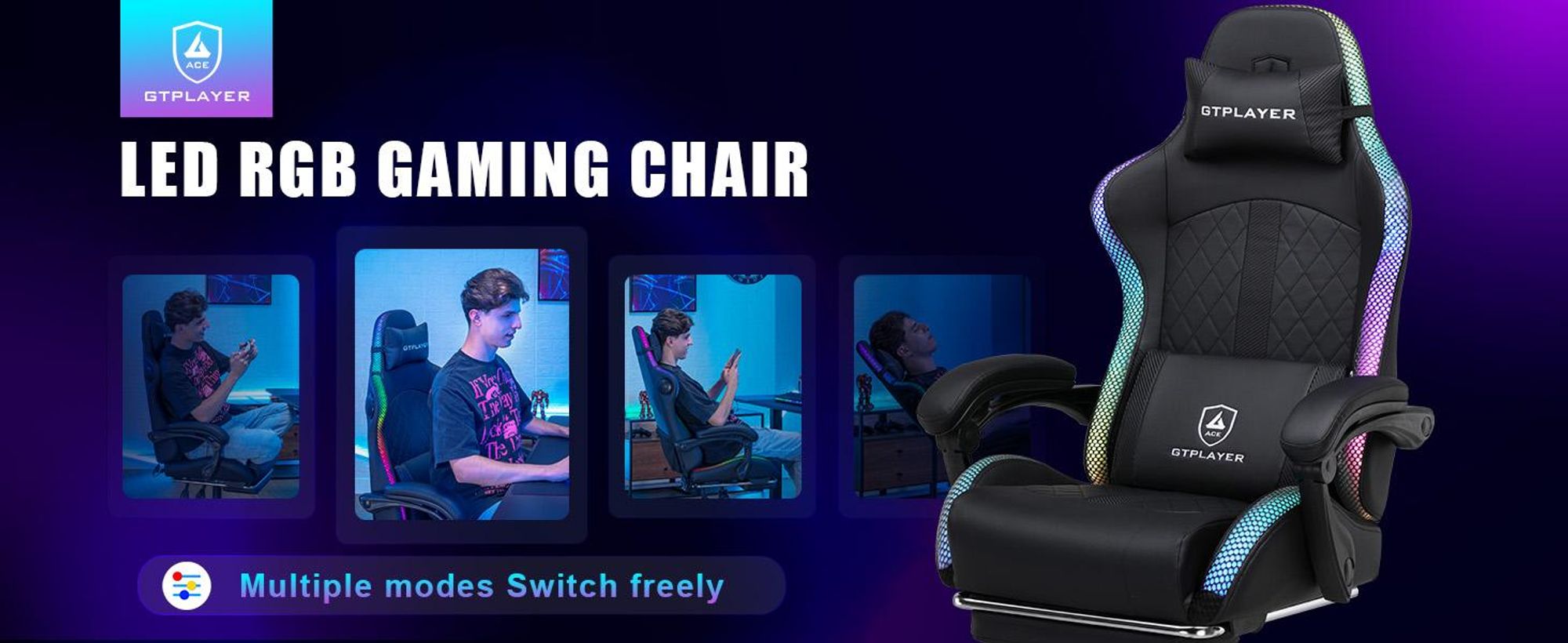 GTPLAYER Gaming Stuhl mit Lautsprecher und LED, Bürostuhl Gaming Chair Gamer Stuhl, Rückenlehne mit Aufbewahrungstasche Ergonomischer PC Stuhl schwarz