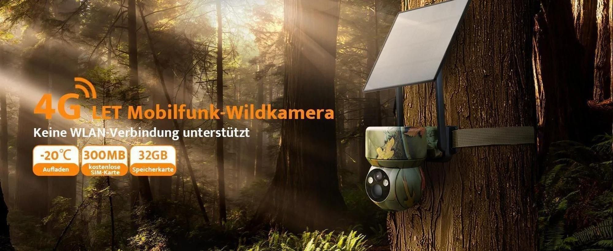 4G LTE Solar Wildkamera 2K 360° PTZ mit Handyübertragung App SIM Karte 32GB Speicherkarte Bewegungsmelder Nachtsicht Wildtierkamera