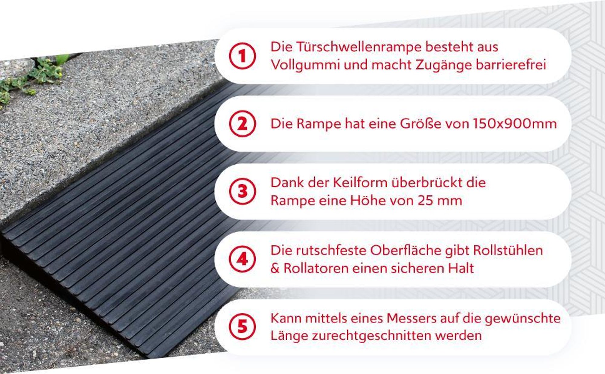 Wiltec Türschwellenrampe, verschiedene Höhen 0-25/25-50/50-76 mm, 810 mm Breite für Rollstuhl & Rollator, grau, Rollstuhlrampe aus Kunststoff, rutschfeste Oberfläche