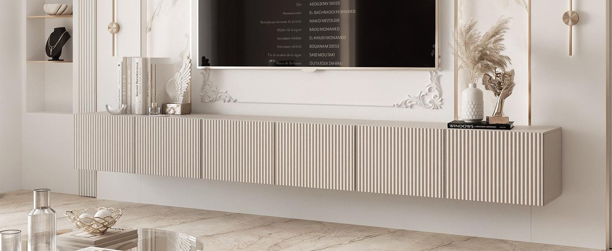 Idohome TV-Lowboard Angel 300 cm Kaschmir Matt -TV-Schrank, Hängeschrank, LED, Push-to-Open, Fernsehschrank, geriffelte Front, Medienmöbel, Wohnzimmer