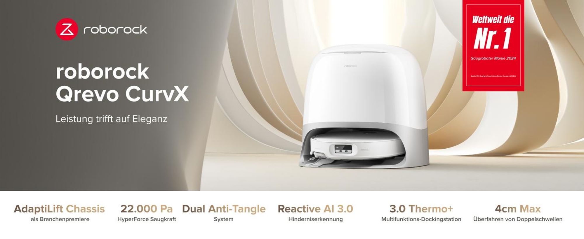 Roborock Qrevo CurvX Saugroboter mit Wischfunktion, 22.000Pa Saugkraft, 7,98 Ultra Slim, Dual Anti-Tangle-System, Reactive Al-Hinderniserkennung(Weiß)