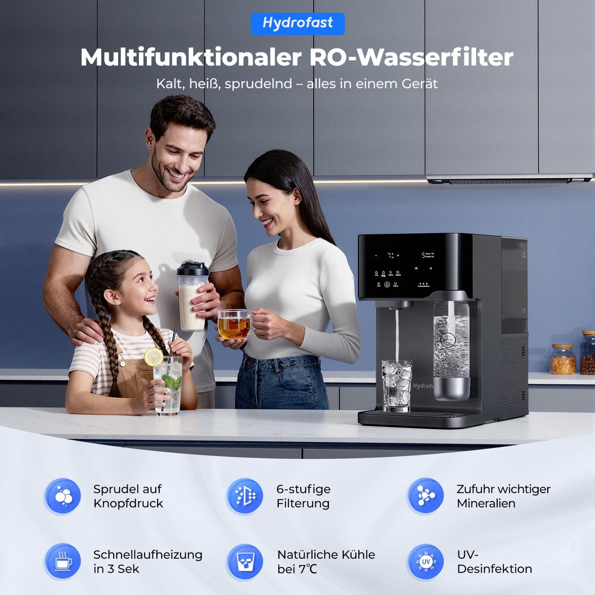 Hydrofast C300 RO Arbeitsplatten-Wasserreiniger, Eis- und Sprudelwasserspender, 6-stufige Filterung mit UV-Sterilisation, Eiswasser und Sprudelwasser