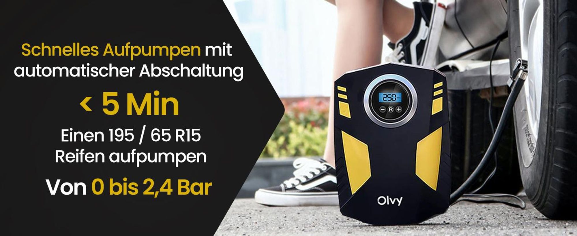 Olvy Luftkompressor Autoreifen 12V Netz, 10,3Bar Elektrische Luftpump, Digitaler Anzeige, LED-Leuchte Mini-Kompressor für Auto Fahrrad Bälle 4 Ventile