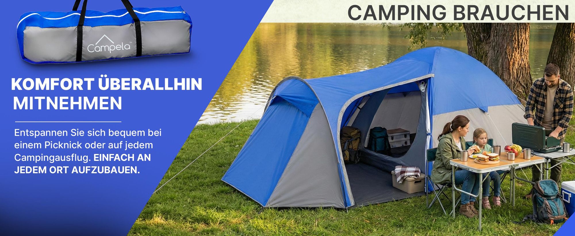 3-Personen Campingzelt Iglu – wasserdicht 3000 mm – mit Vorraum und Moskitonetz – Grau/Blau