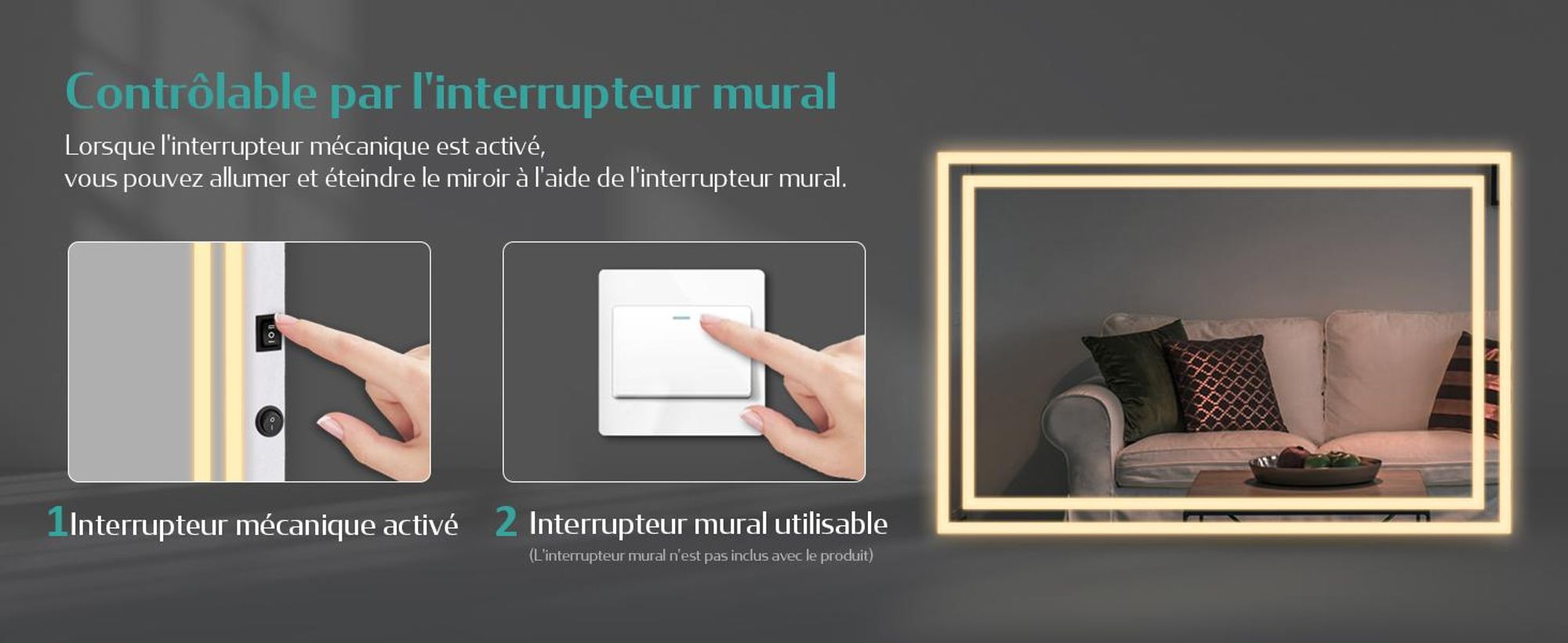 Miroir de salle de bain EMKE LED avec éclairage 40X60 cm anti-buée, miroir mural miroir de salle de bain avec interrupteur mécanique, couleurs de lumière 3000K/6500K, IP44