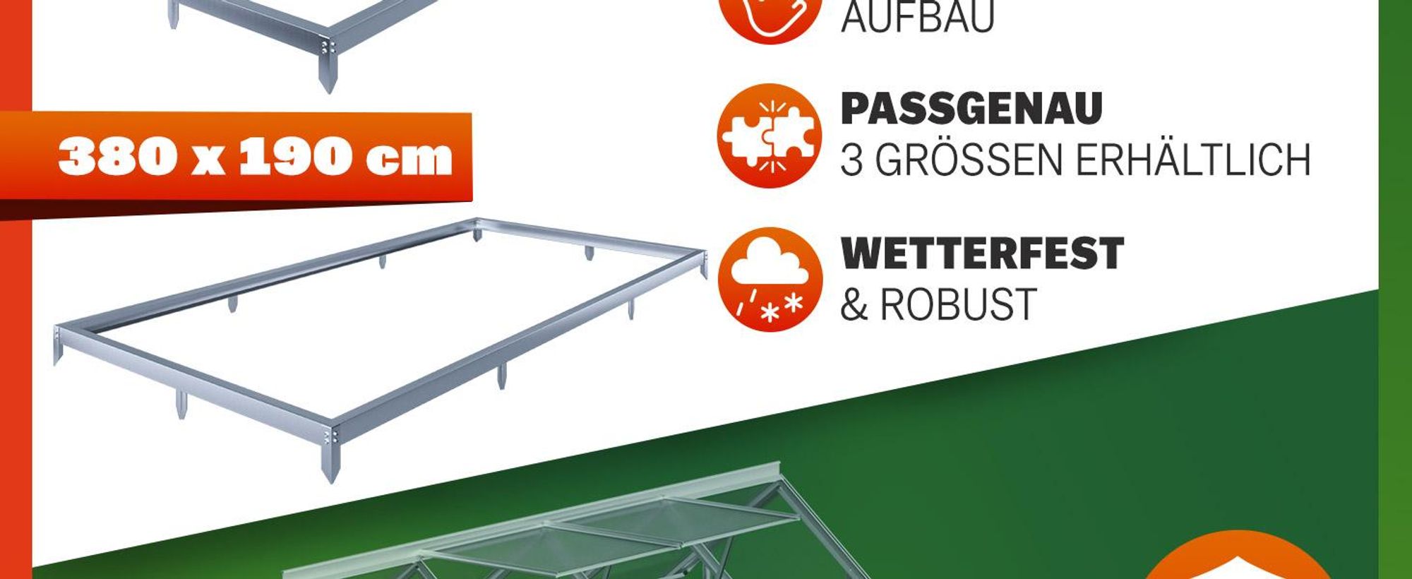 GARDEBRUK® Fundament für Gewächshaus 380x190cm Stahl verzinkt Sockel Stahlfundament Treibhaus Rahmen inkl. Montagematerial Bodenverankerung