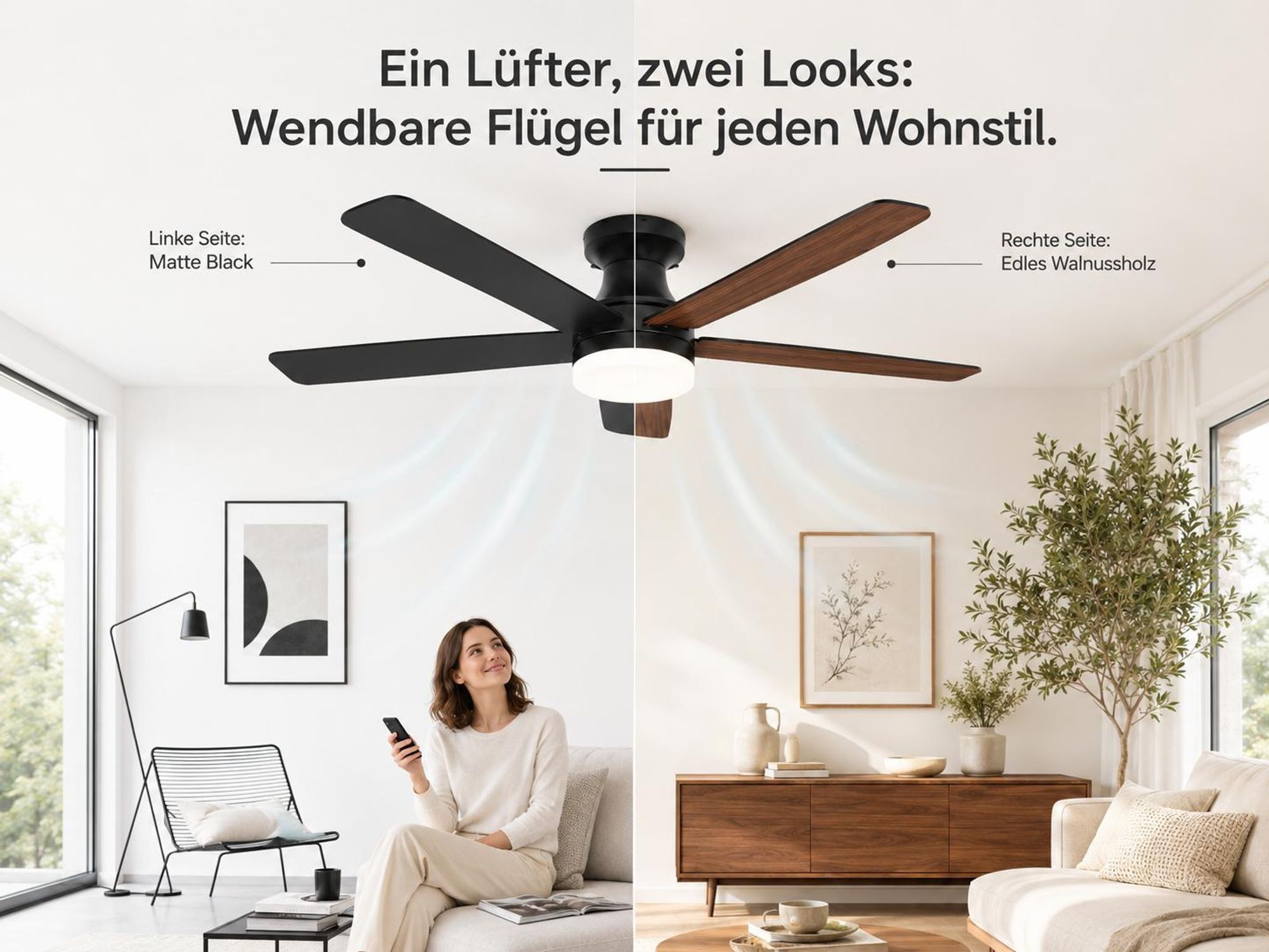 Deckenventilator mit Beleuchtung Schwarz Ø106cm H22cm 40W DC Motor 18W LED APP Fernbedienung Dimmbar 5 Wendbare Flügel für Schlafzimmer Wohnzimmer