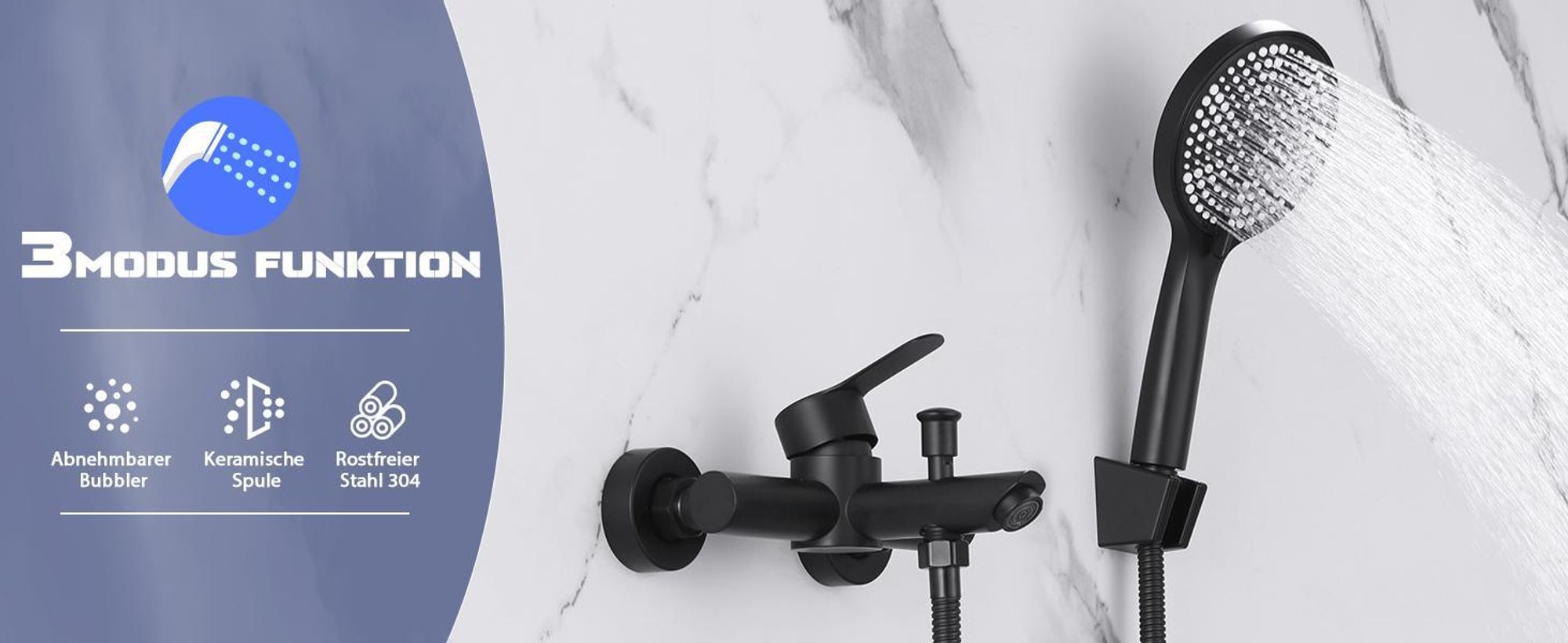 ZMH Wannenarmatur Schwarz mit Handbrause Mischbatterie Badewanne mit Brause Aufputz Wasserhahn mit Duschkopf 150mm Wandmontage Armatur 3 Funktionen