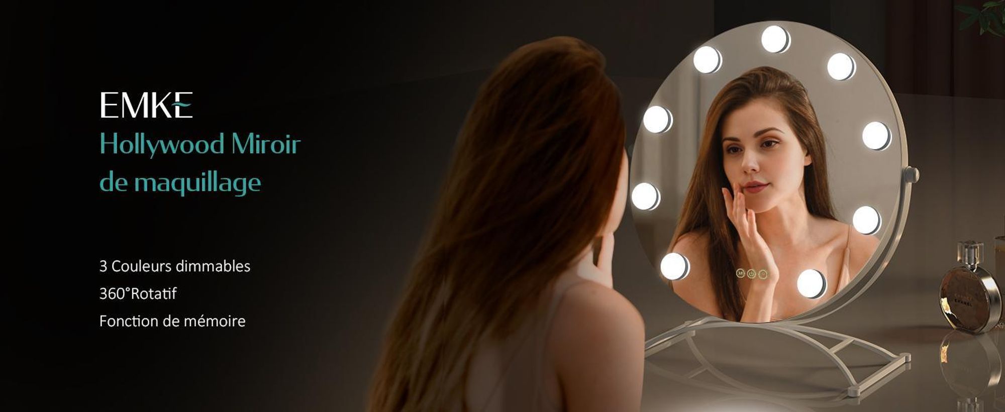 Miroir cosmétique EMKE Hollywood 58 x 50 cm Miroir de maquillage rond avec éclairage LED et grossissement 7x, 3 couleurs de lumière réglables, blanc