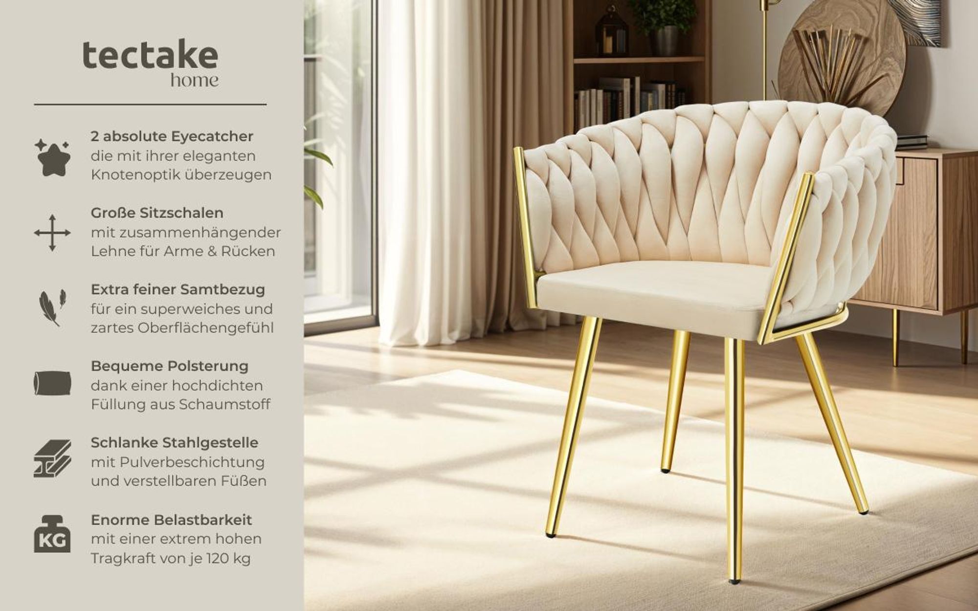 tectake® Set Esszimmerstuhl Astano gepolstert, mit Samtbezug, Knotendesign 60,5 x 55 x 75 cm