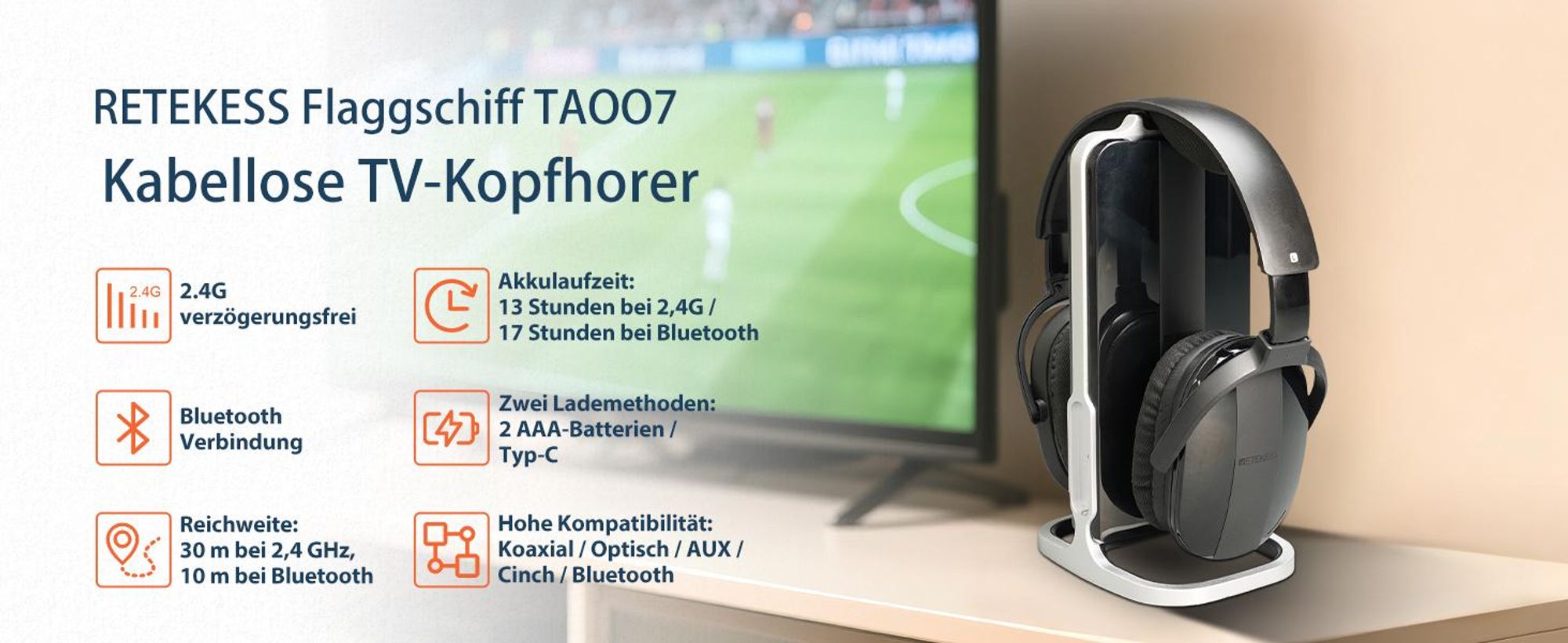 Retekess TA007 Kabellose Kopfhörer für TV, 2,4G Sender-Ladestation, 60m, Kompatibel mit Bluetooth, Kopfhörer Fernsehen für Senioren, Fußballspiel