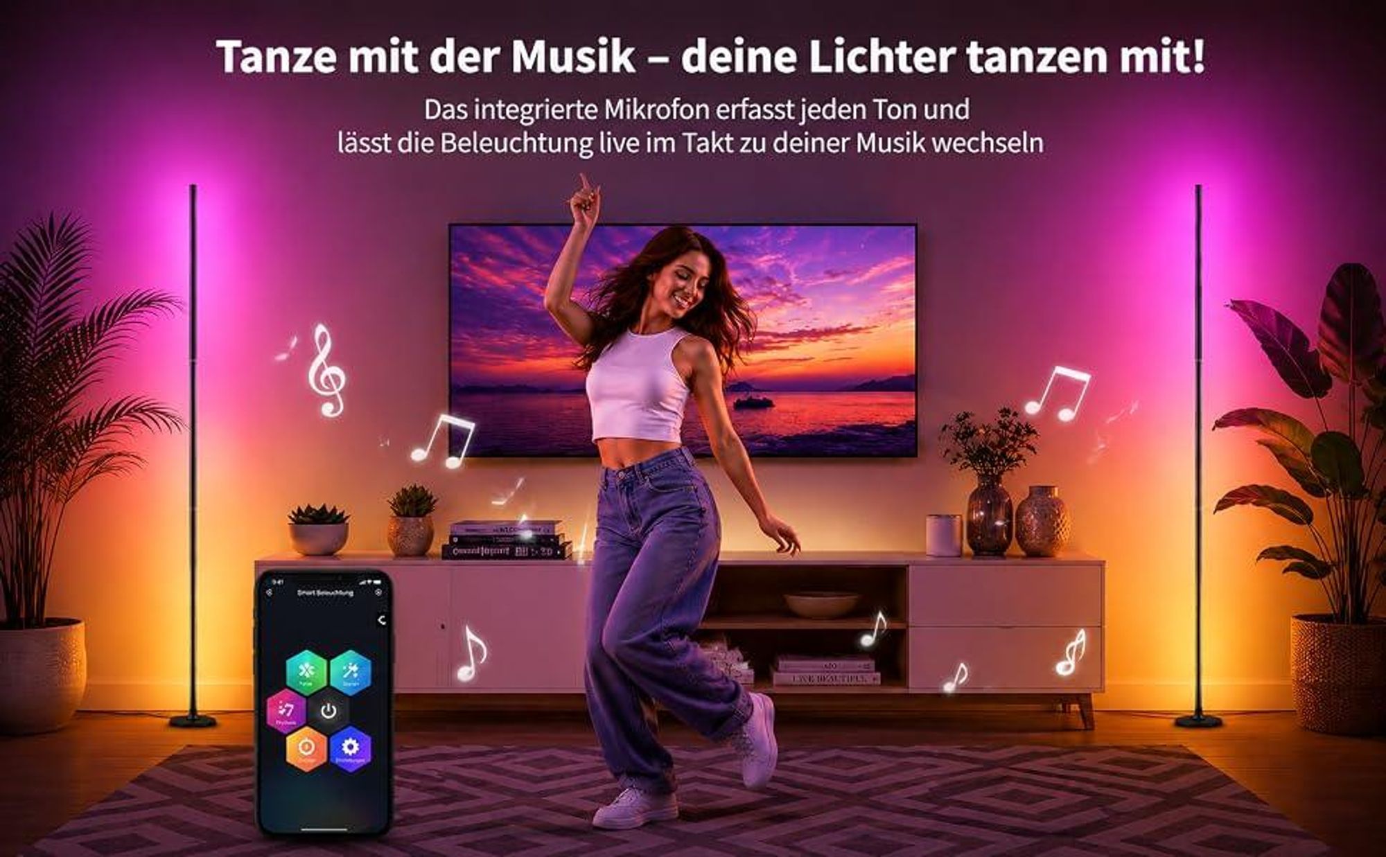 LED Stehlampe Wohnzimmer, WiFi Stehlampe Dimmbar, RGB Standleuchte mit Fernbedienung und APP, Lampe LED Ecklampe mit 30 Millionen Farben, Musik Sync