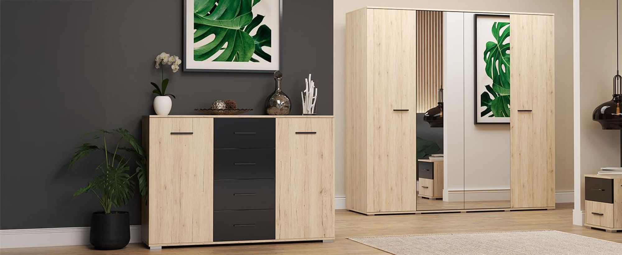 Drehtürenschrank  Kleiderschrank Bari 200cm, San Remo/San Remo mit Spiegeln