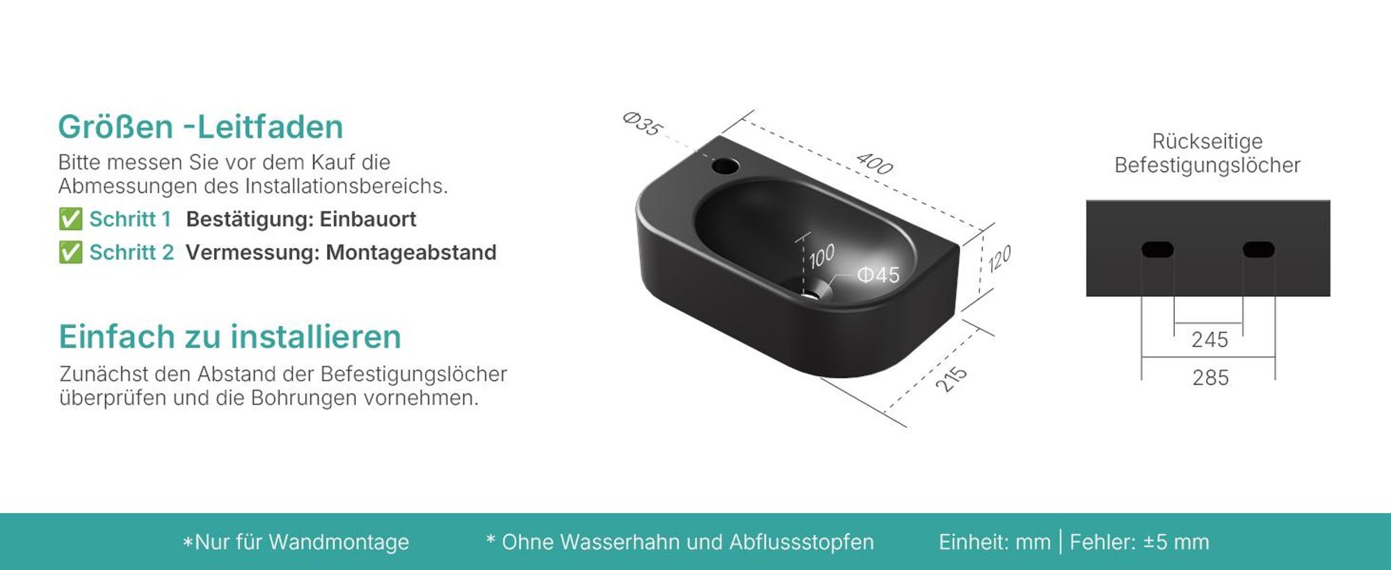 EMKE Eck-Wandwaschbecken – Kleines rechteckiges Aufsatzwaschbecken aus Keramik 400 x 215 x 120 mm mit Wasserhahnloch links Schwarz