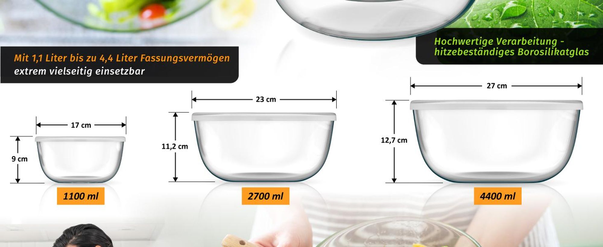 Arendo Salatschüssel 3er Set mit Deckel, Glasschüssel 1,1L / 2,7L / 4,4L, Glas Rührschüssel, Glas, (Set, 3-tlg), Glasschale, BPA-frei, spülmaschinen- und mikrowellengeeignet