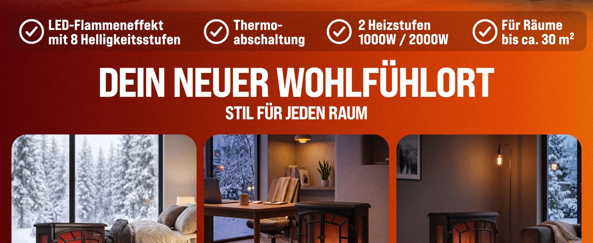 Monzana Elektrokamin mit Heizung 2000W Doppeltür LED Flammeneffekt