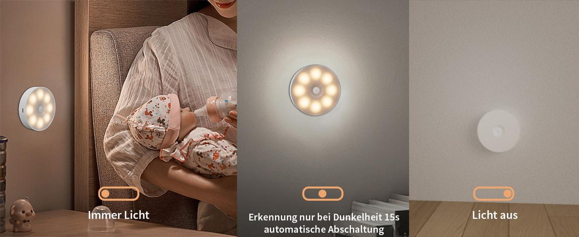 LED Nachtlicht, 3 Stück Nachtlampe, mit Bewegungsmelder, USB Wiederaufladbares, 3 Modi Einstellbar, für Treppen, Schrank