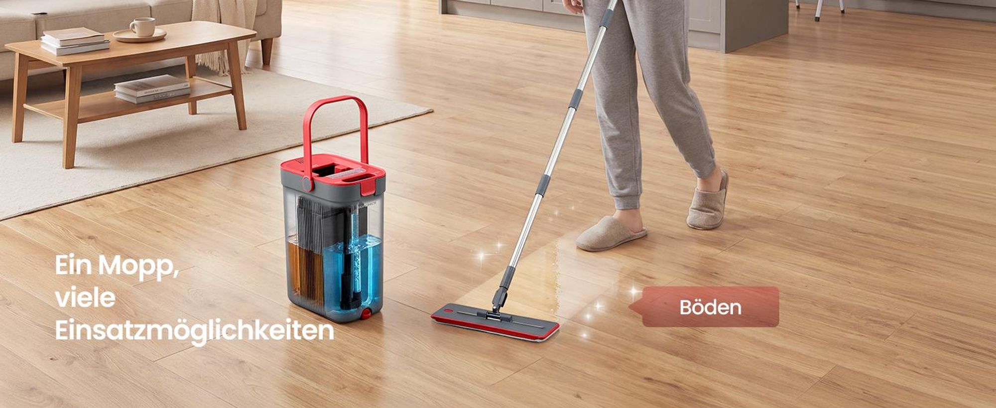 SONGMICS Wischmopp-Set mit Eimer, Bodenwischer, Frisch- und Schmutzwassertrennung, drehbarer Wischkopf, 3 Bezüge, grau-rot