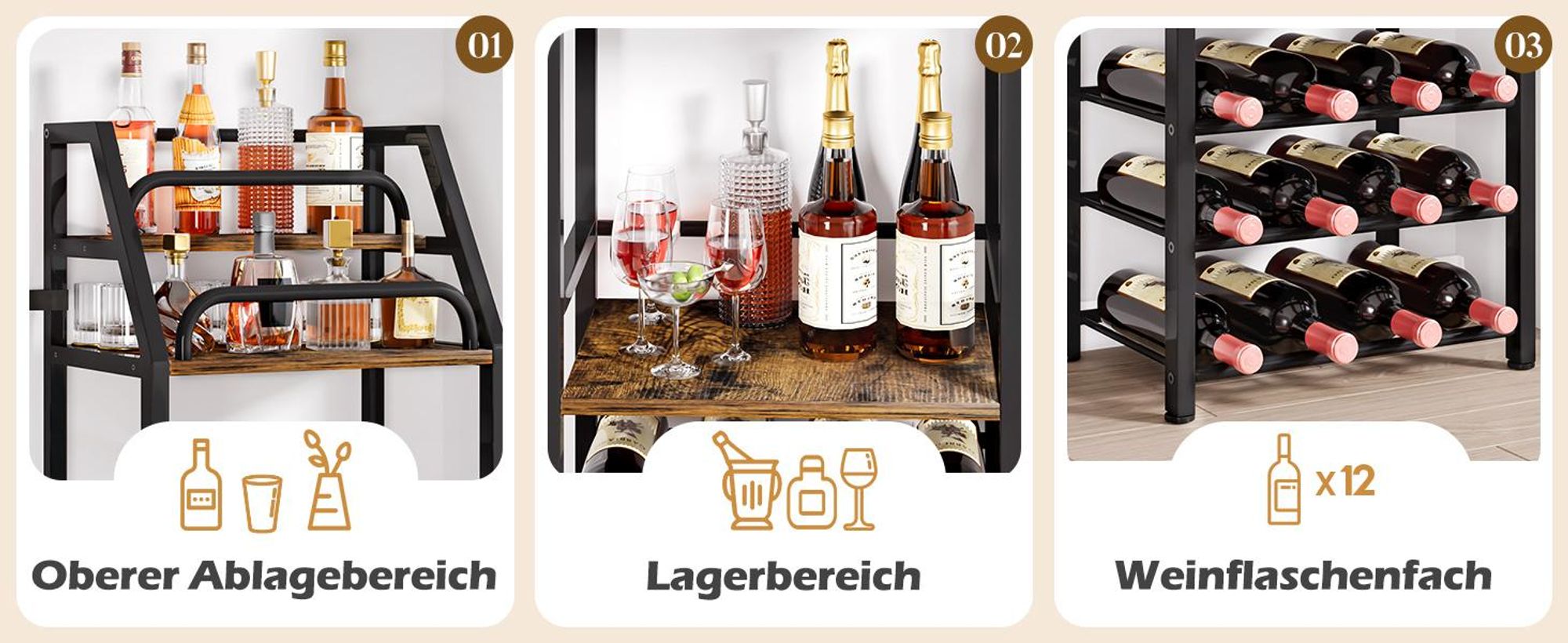 Yorbay Weinregal aus Holz &Metal,Weinregal Stehend mit Flaschenablage, 6-stufiges Barregal für Whisky und Spirituosen, zur Präsentation