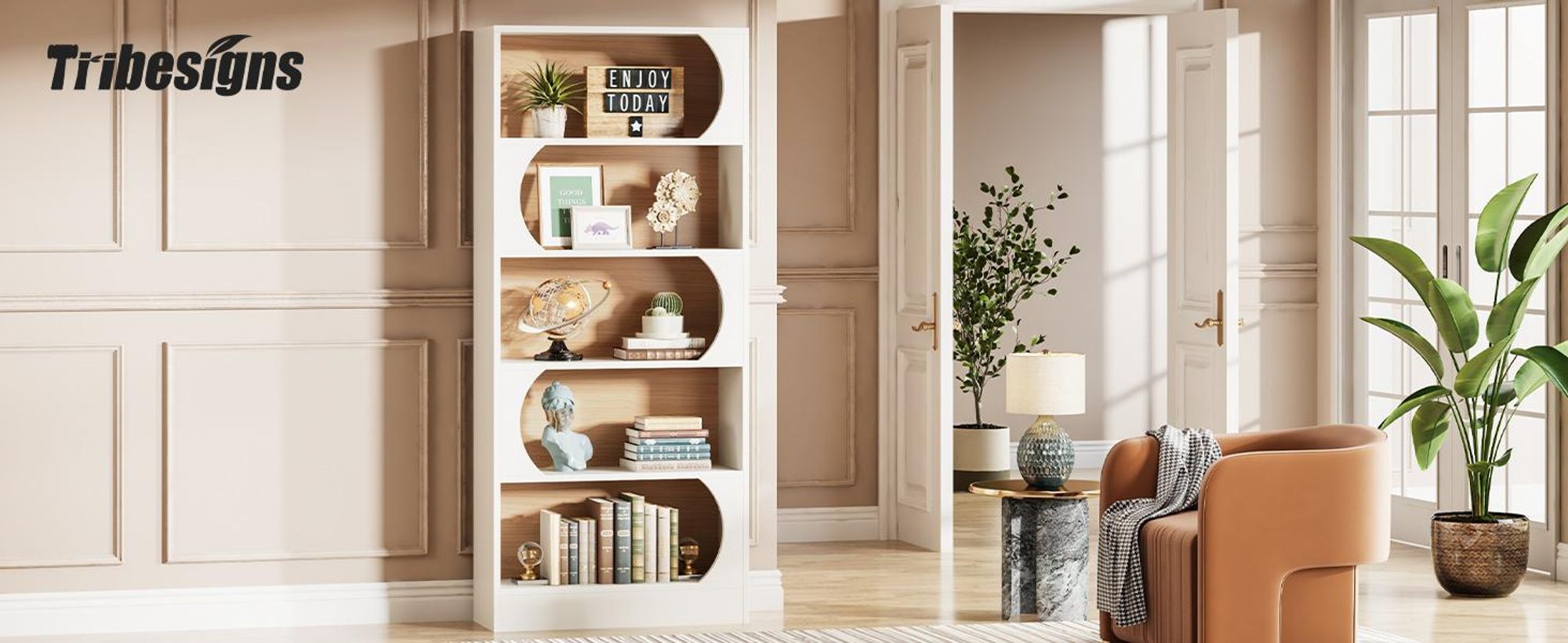 LITTLE TREE Modernes Bücherregal mit 5 Ebenen, 180 cm freistehendes Bücherregal mit Ablagen, großes offenes Holzregal für Schlafzimmer, Wohnzimmer