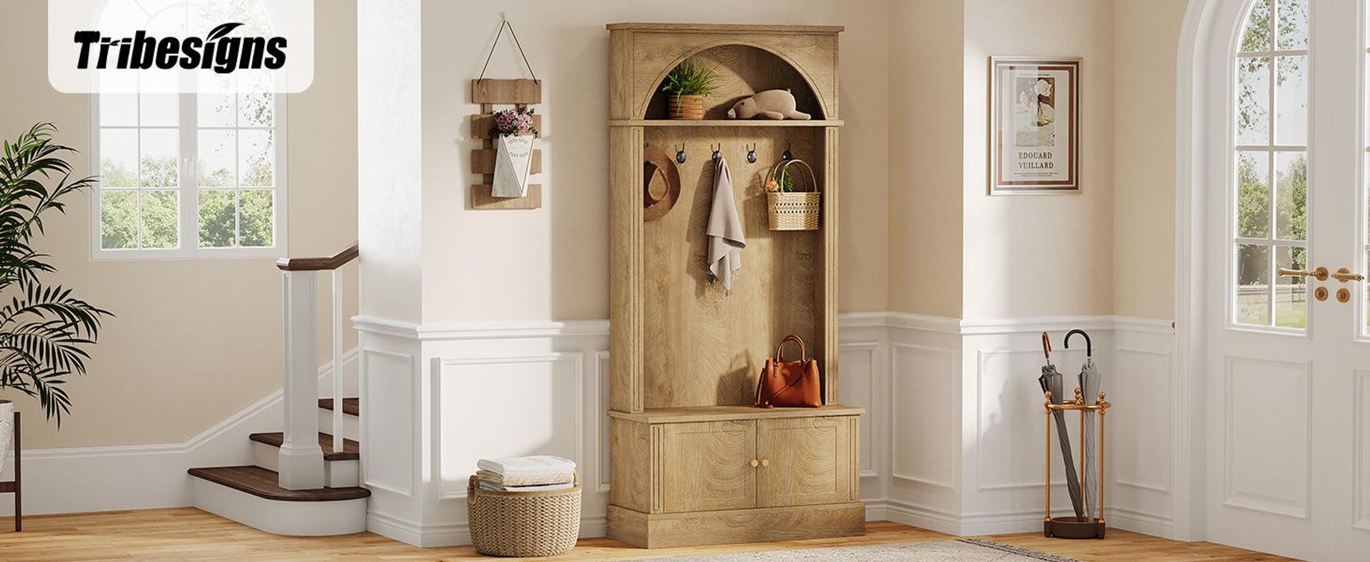Kleiderschrank, 4 in 1 Garderobe, Garderobenständer mit 5 Doppelhaken, Flurgarderobe mit Sitzbank und Schuhschrank, für Flur Eingangsbereich