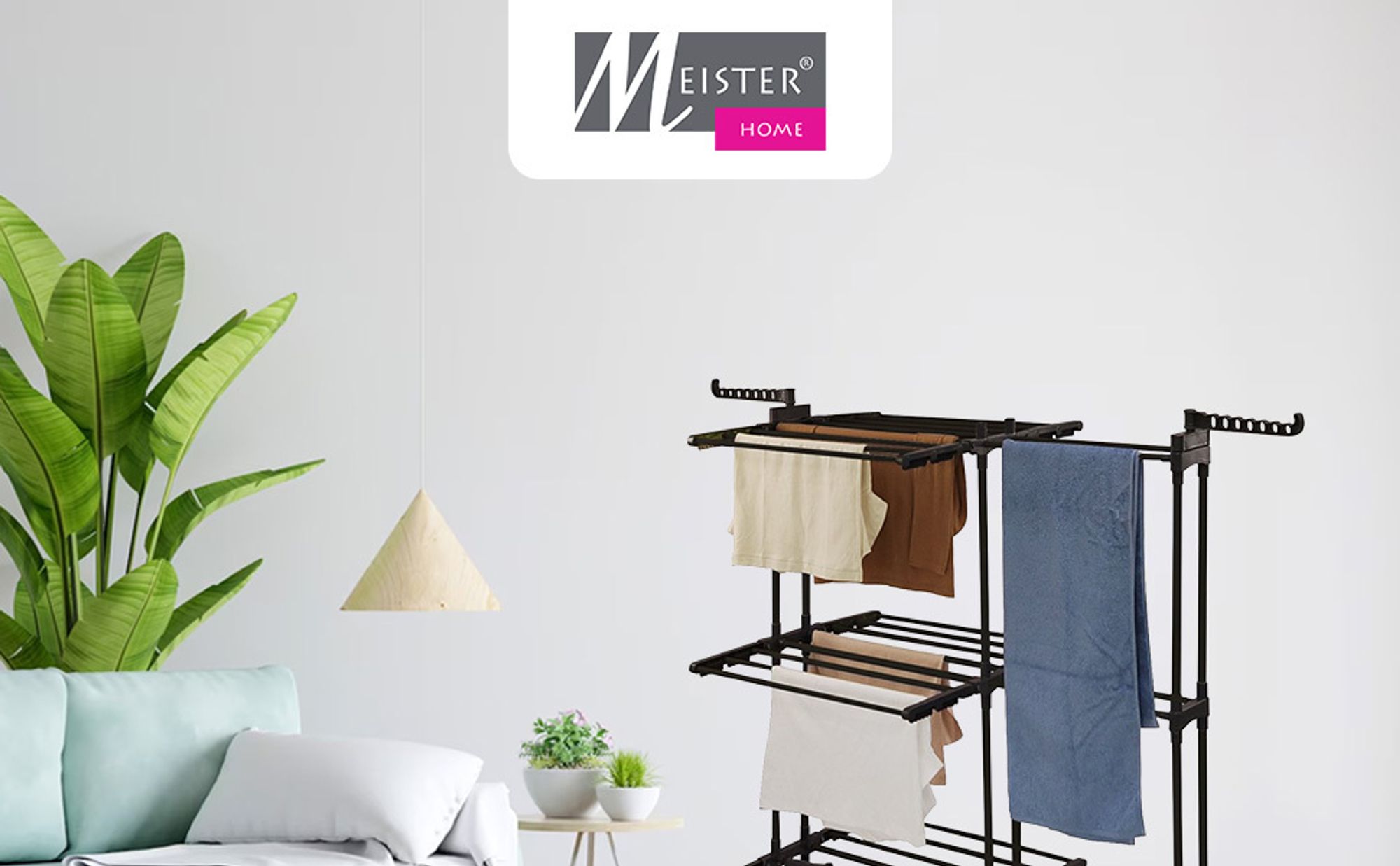Meisterhome® Klappbarer Wäscheständer Wäscheturm Effizientes Trocknen mit 3 Ebenen, 2 Seitenflügeln - Trockenleinenlänge - Platzsparend, vielseitig und mobil für drinnen und draußen – Schwarz, Länge:25m