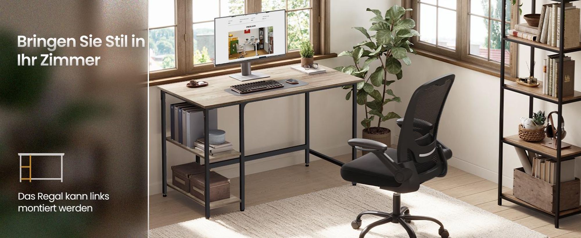 VASAGLE Computertisch Schreibtisch mit 2 Regale 120 x 75 x 60 cm Greige