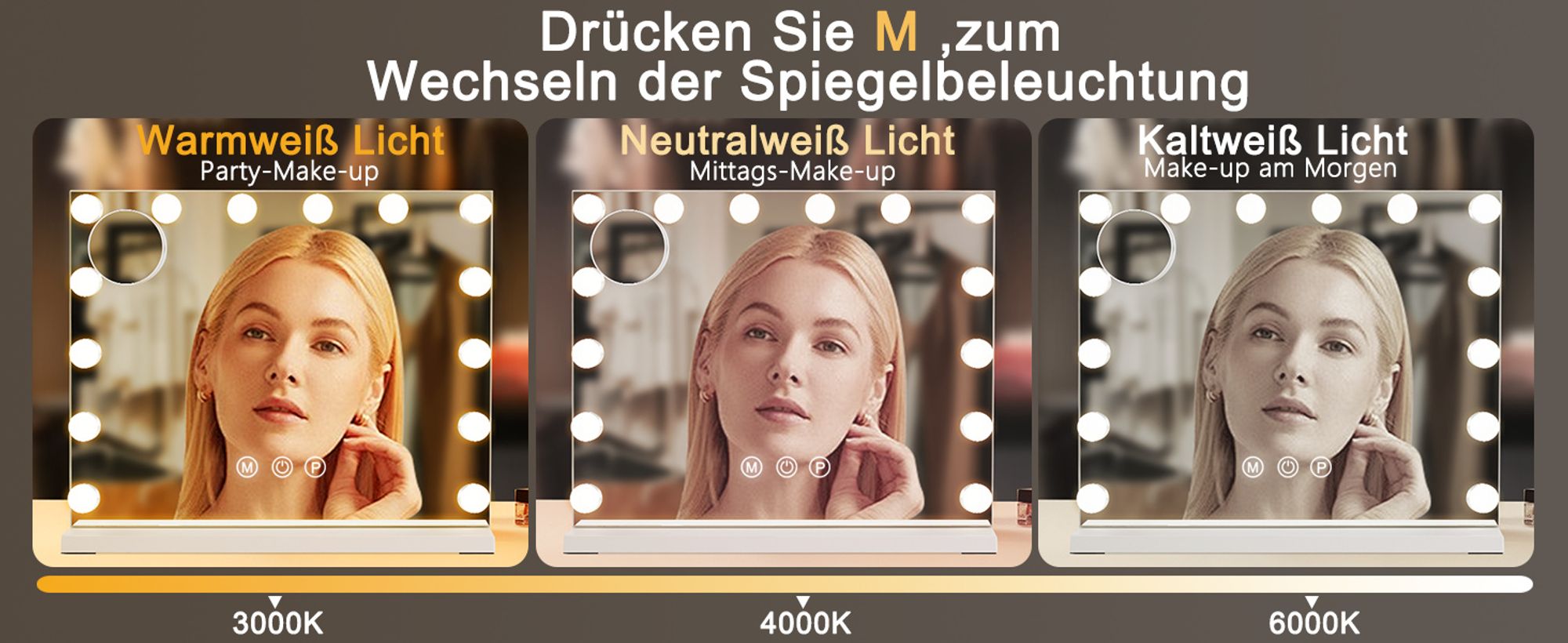 ZMH Schminkspiegel Kosmetikspiegel Dimmbare  50x40cm Spiegel LED  Beleuchtung mit licht 3 modi Touch Steuerung Tischspiegel für Schminktisch Weiß