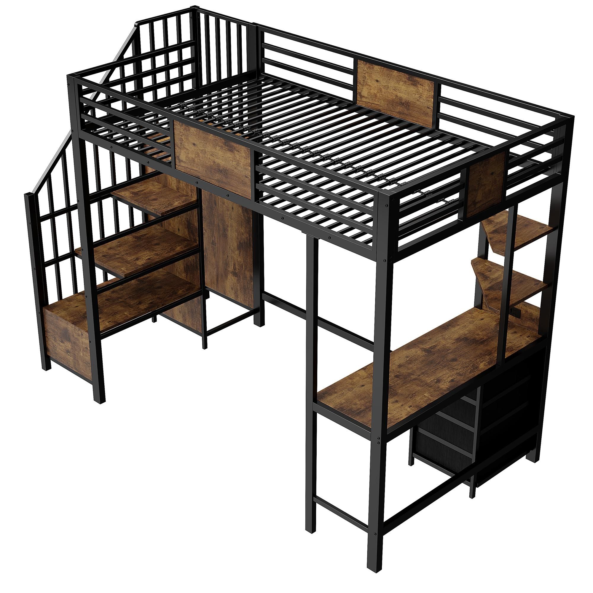 Flieks Etagenbett 90x200cm mit Schreibtisch und Steckdose, Hochbett mit Treppe und Stange, Kinderbett Jugendbett mit Rausfallschutz, Schwarz