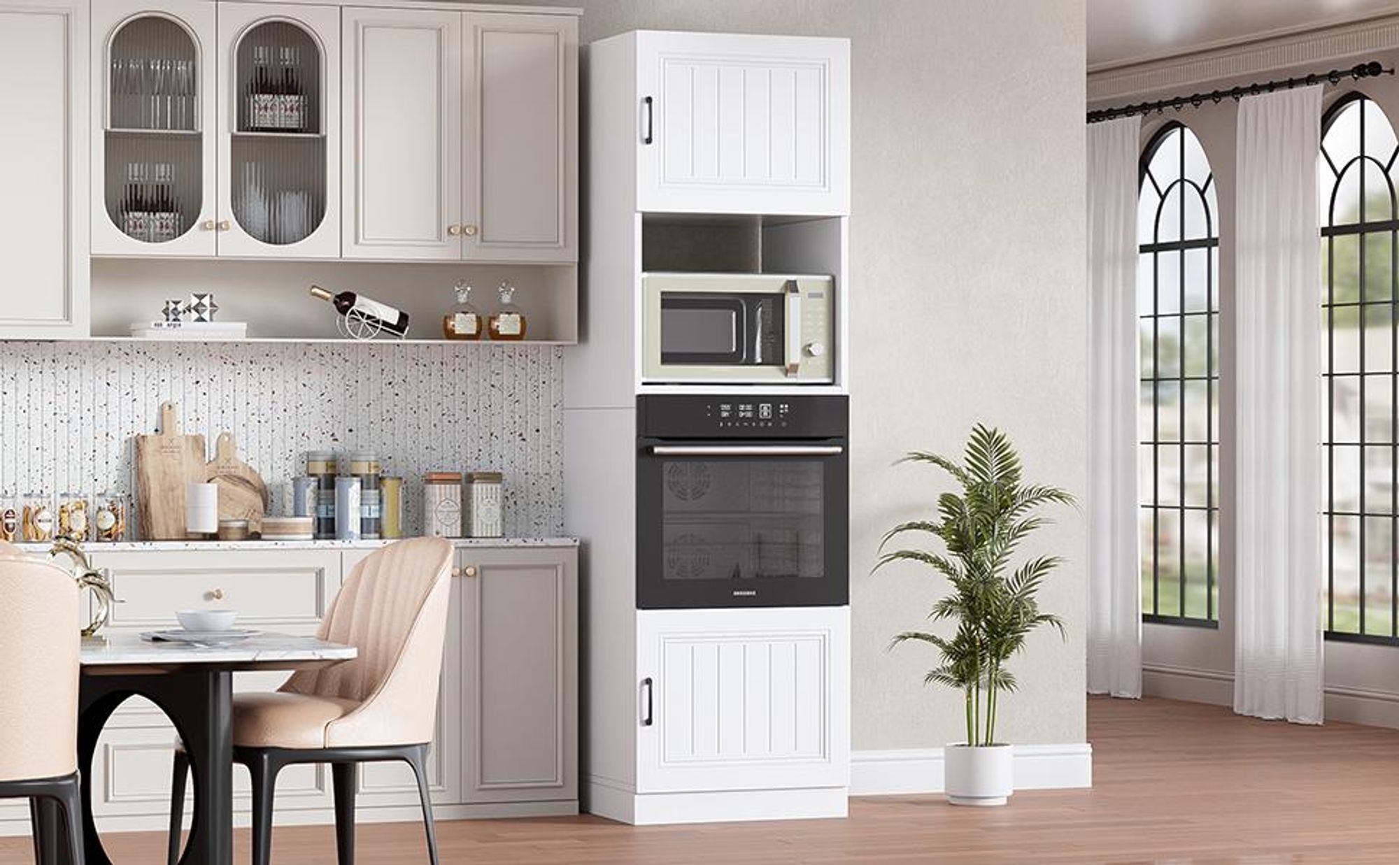 TWSOUL Mikrowellenumbauschrank mit Backofenfach, platzsparender Hochschrank 60x57,2x207 cm Küchenbuffet mit viel Stauraum, kippsicher & funktional,B