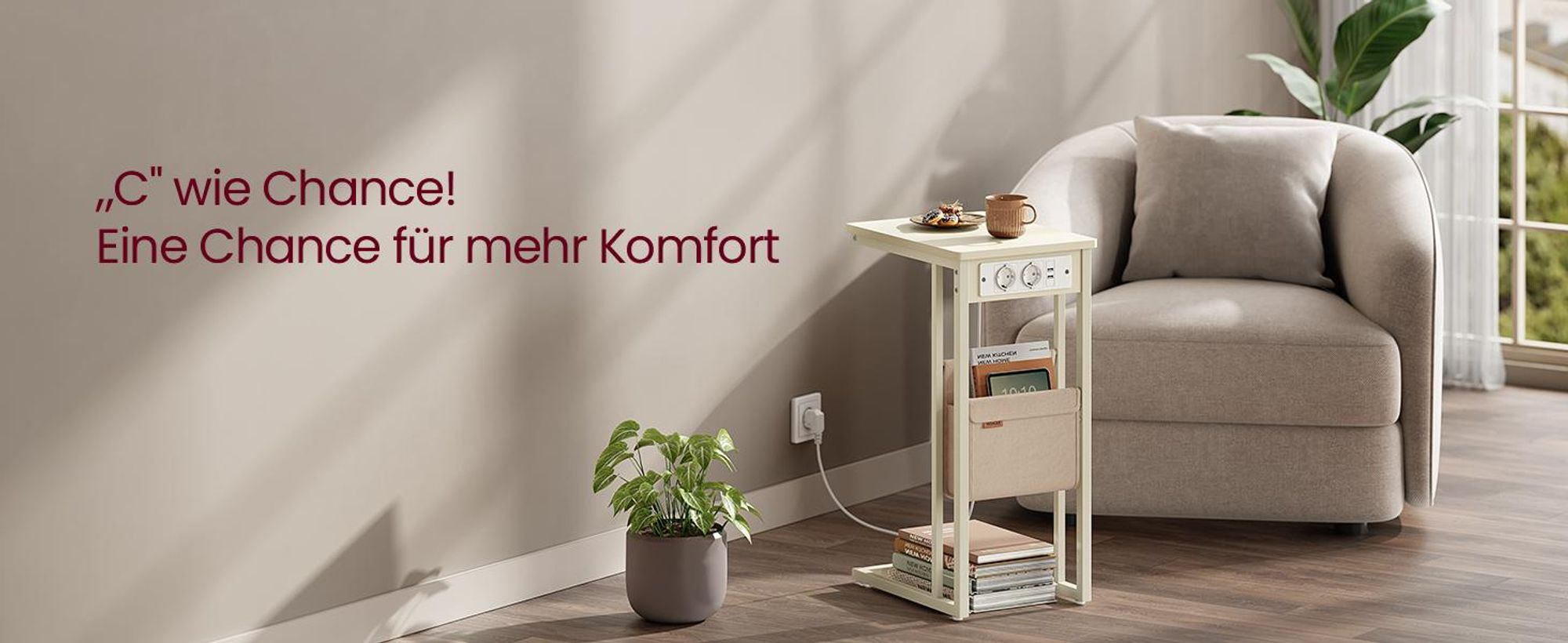 VASAGLE Beistelltisch mit Steckdosen, C Form für kleine Räume, 2 USB-Anschlüsse