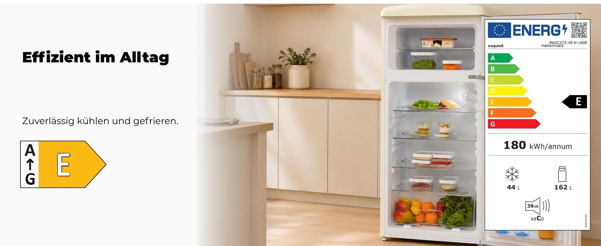 Exquisit Retrokühlschrank RKGC270-45-H-160E magnolienweiss | Standgerät | 206 l Volumen | magnolienweiß