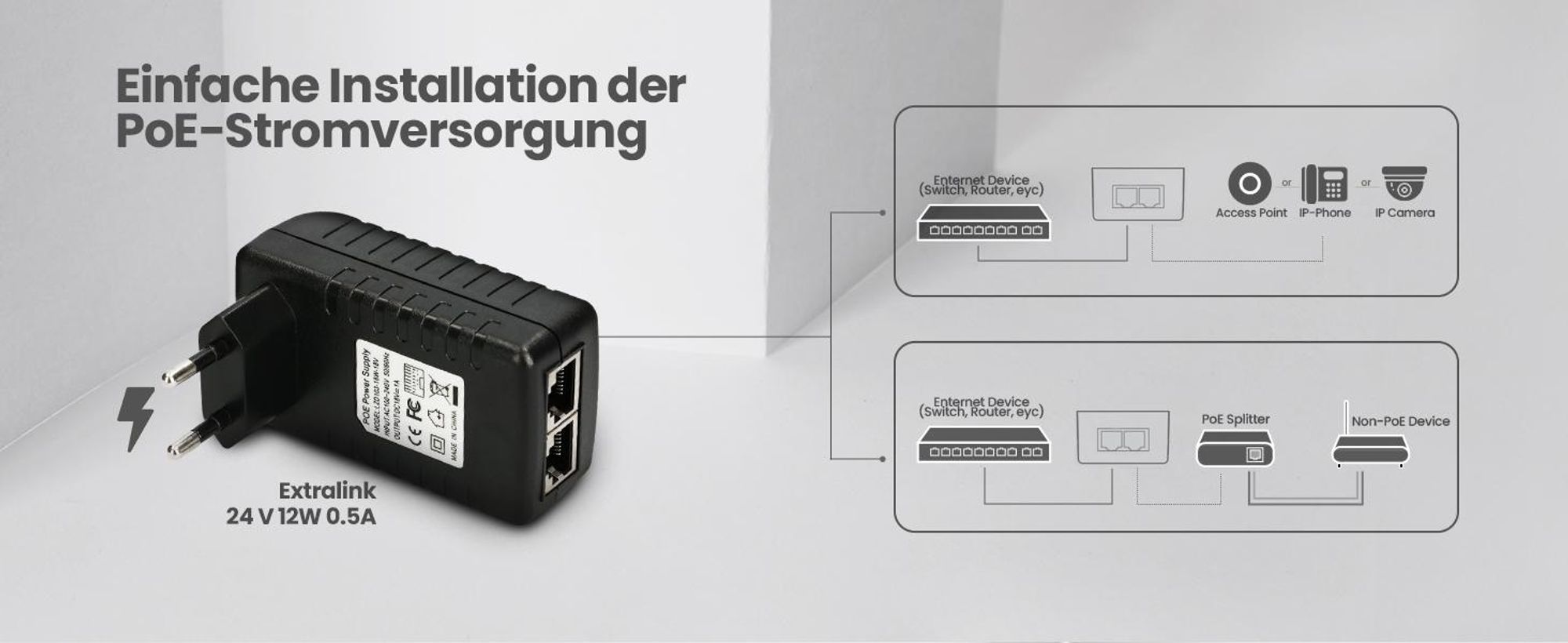 Extralink PoE Injector 24V 0,5A 12W mit 2x RJ45 Ports