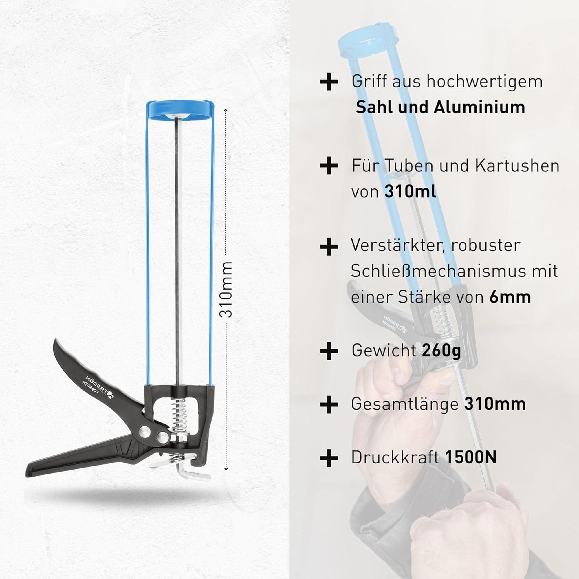 Högert Technik 310 ml Profi Kartuschenpistole / Auspresspistole – Stahl/Aluminium, 1500 N Druck, für Silikon & Kleber