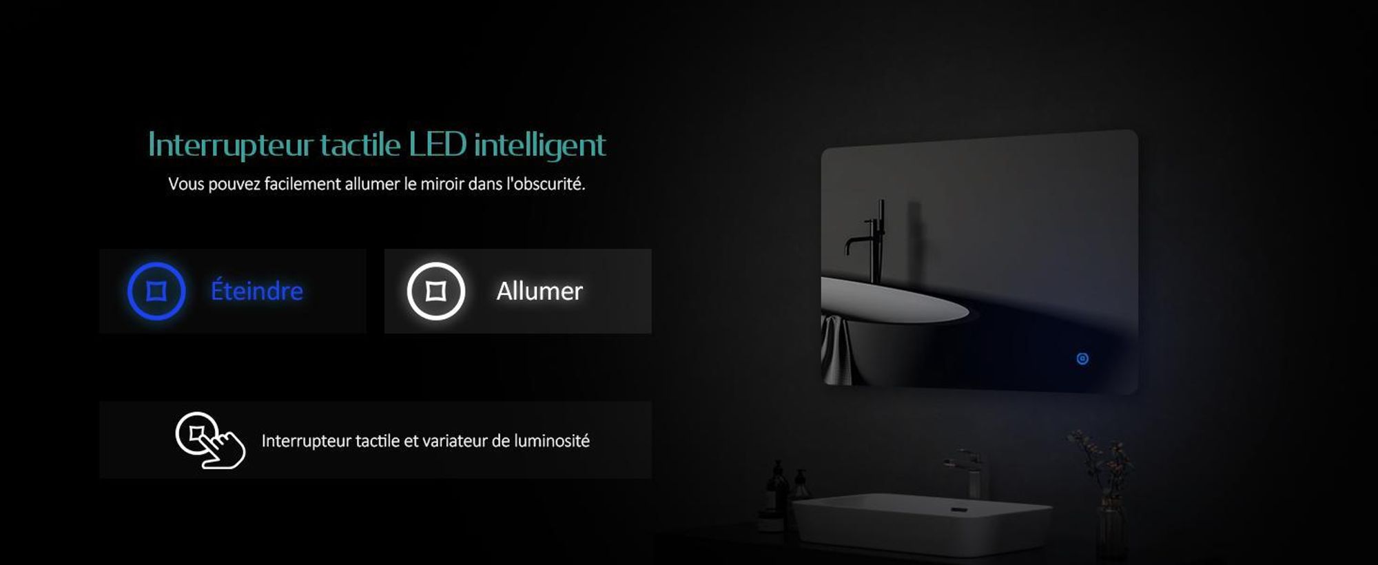 EMKE LED Miroir de salle de bain 80x60cm Miroir de salle de bain avec éclairage blanc froid Miroir de salle de bain lumineux Miroir mural avec interrupteur tactile + antibuée