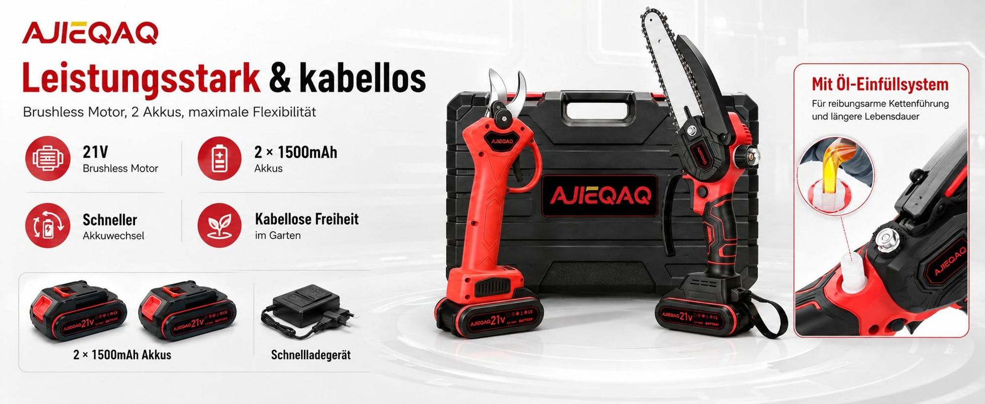 AJIEQAQ Akku Astschere Set 2-in-1, 21V Brushless Gartenschere mit Mini Akku Kettensäge 6 Zoll, 25mm SK5 Klinge, 2×1500mAh Akkus, Koffer